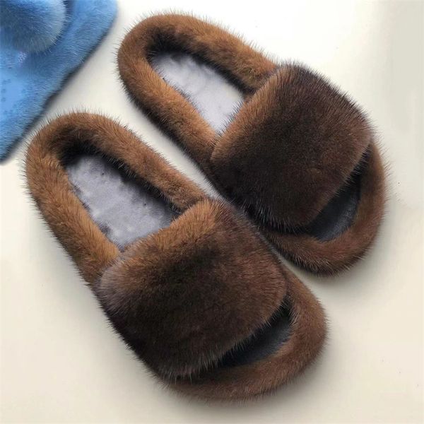 

Winter Real For Women Sexy Designer Wedge Heel Solid Fluffy Outdoor Shoes Wholesle Mink Fur Slippers