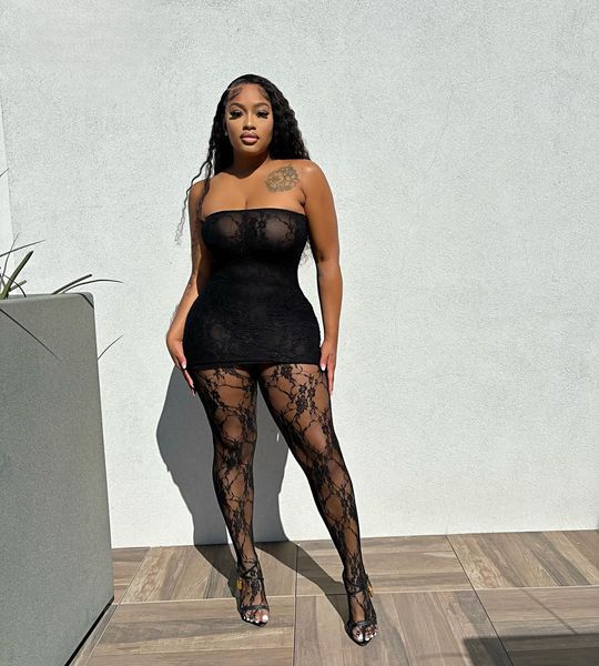 

STYLISH LADY Hollow Out Lace 2 Piece Set Women Strapless Dress and See Through Pant Suits 2024 Sexy Club Party Outfits, Black