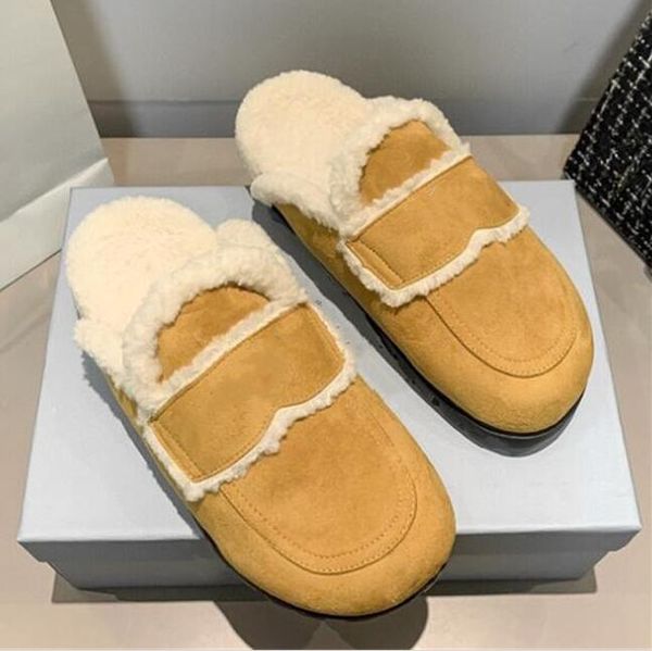 

Fashion Luxury Brand Autumn Winter Fur Sandals Slippers Designer Soft Warm Baotou Shoes Flip Flops Anti-Slip Female Slides Furry Fluffy Faux Fur Warm Indoor Shoes, Khaki