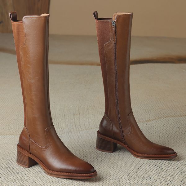 Women's genuine cow leather elastic fabric patchwork winter knee high boots side zip pointed toe 5cm thick med heel casual long boot c870