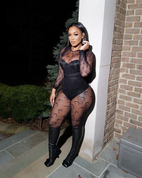 

STYLISH LADY Moon Printed Mesh Rompers and Jumpsuits 2024 Summer Long Sleeve O Neck Bodycon Club Party See Through Overalls, Black set
