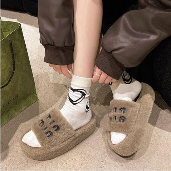 Cozy Cotton Women's Hairy Slippers - Thick Bottom Lamb Plush with Fashionable Letter Embellishment