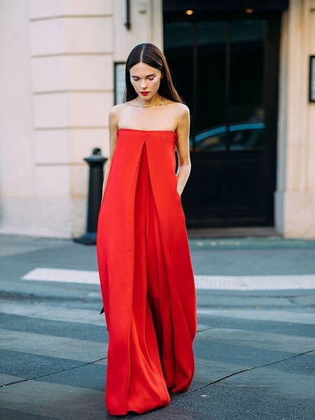 

STYLISH LADY Off the Shoulder Wide Leg Rompers and Jumpsuits 2024 Summer Women Sleeveless Red Elegant Office Lady Overalls