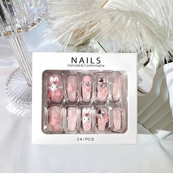 

3D Rabbit Star Rhie Press-On Nails: 24Pcs White & Blue Ballerina False Nails for DIY Manicure, Black
