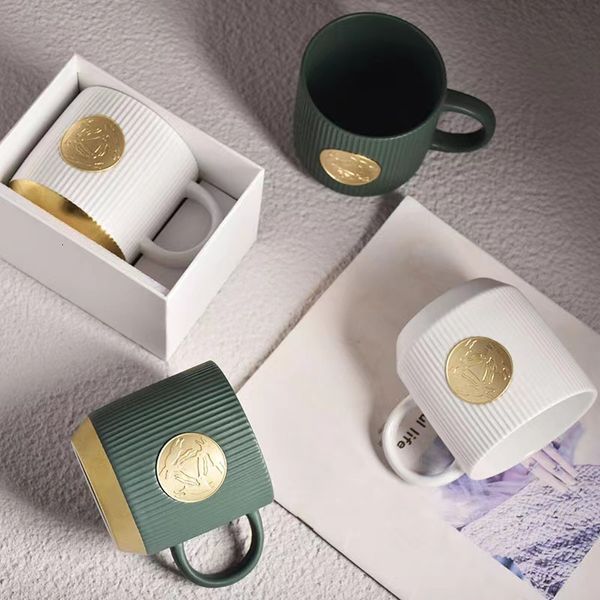 

ceramic coffee mug With Handle Bronze Medal Rose-gold Stripes Office Home tea Water Cup, Green