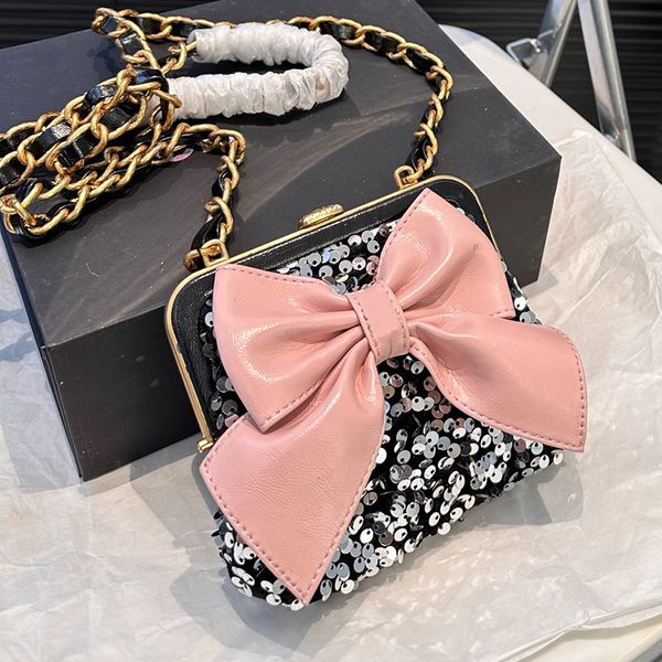 

Designer Women Shiny Sequins Bowknot Clutch Evening Bag C Clip Clasp Closure Mini Lipstick Shoulder Bags Lady Crossbody Chain Strap Lovely Date Party Underarm, Black sequins