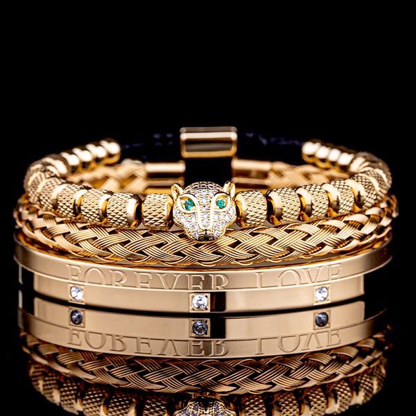 3pcs/set Luxury Micro Pave CZ Leopard Head Roman Royal Charm Bracelets Men Bracelets Stainless Steel Crystals Bangles Couple Handmade Jewelry Gift