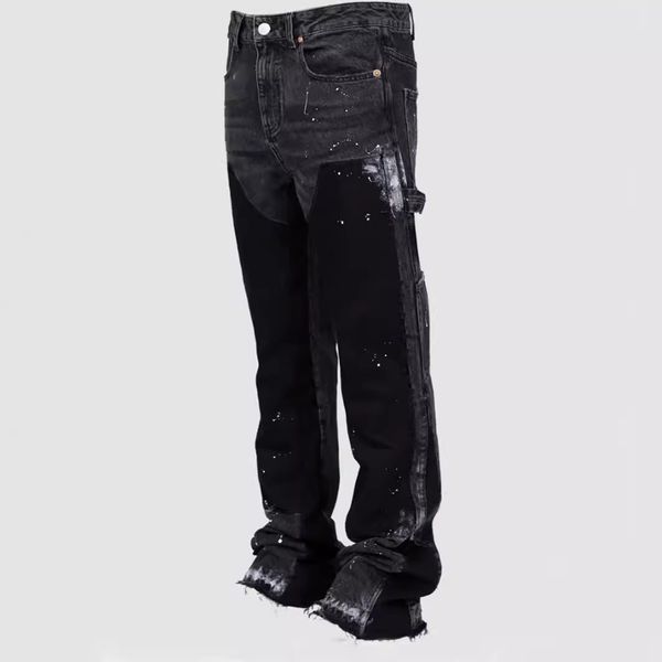 

designer ksubi mens european and american fashion ins workwear popular elastic patch denim layered flared pants designer jeans men, Grey