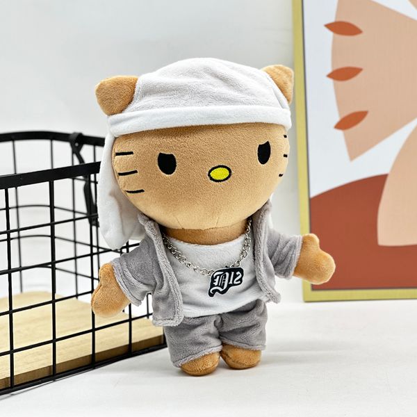 

Travis' cat plush toy wearing white headscarf has unique cute design, full of fun companionship, and can be given as a gift for comfort, Gray