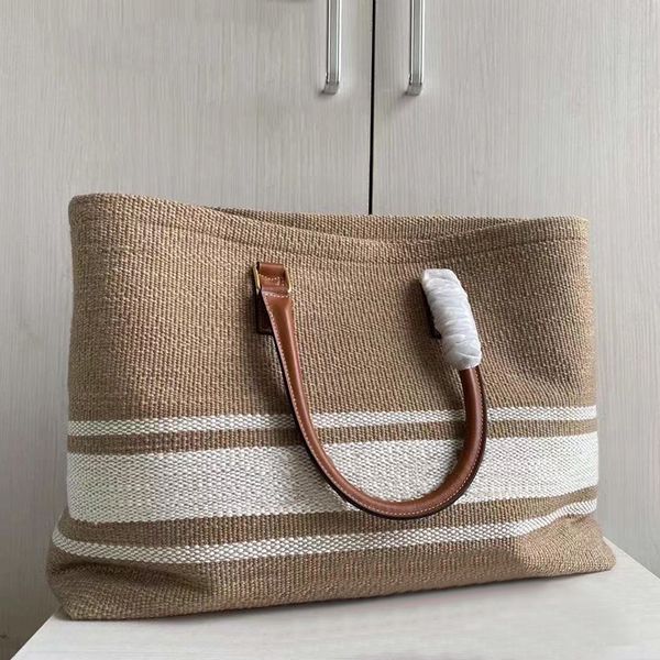 

Women Wool Fabric CE Stripes Embroidery Tote Bag P Letters Print Cowhide Leather Handle Designer Shopping Bags Lady Large Capacity Canvas Shopper, Dlive