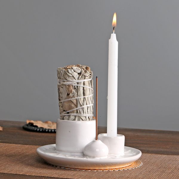 

Minimalist Style Ceramic Candle Holder Aromatherapy Stove Cup Atmosphere Decoration Sage Holy Wood Plate