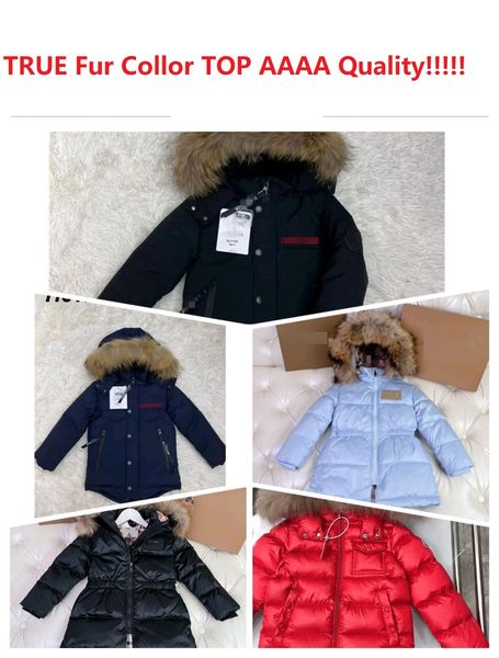 

fur collor down baby jacket winter Warm Hooded child Outwear kid designer clothes high quality Geometric l0g0 Long sleeves kids coat, Dark grey