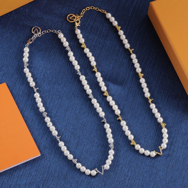 

Women Luxury Choker Necklace Designer Brand Letter Pearl Pendant Chain 18K Gold Plated Wedding Party Jewelry Gift