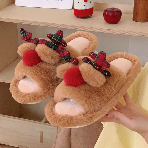 

2024 Autumn And Winter New Home Indoor Leisure One Word Cotton Men's Cartoon Christmas Elk Hairy Slippers