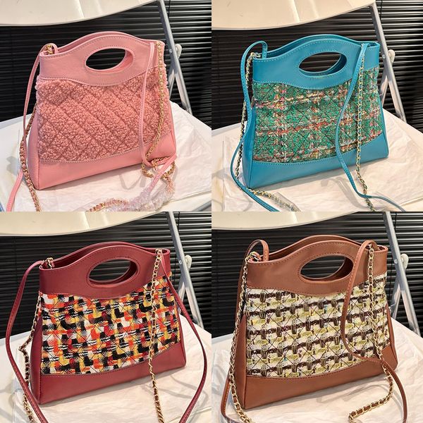 

23A Quilted Tweed Top Handle Tote 31 Bag French Brand Colorful Houndstooth Pattern Designer Women Shoulder Bags Lady Crossbody Chain Strap Shopper, Pink