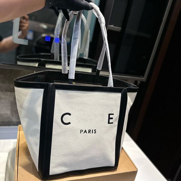 

Women Designer CE Pattern Canvas Tote Bag Brand P Letters Printed Cowhide Leather Trim Nature Color Shopping Bags Lady Large Capacity Beach Shopper, Beige