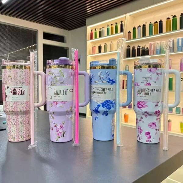 

US Stock 40oz Shiny Hot Pink Cups Rose Blue Magnolia Lilac ral Stainless Steel Tumblers with Silicone Handle Lid Straw Purple Stars Travel Car Mugs, Multi-color