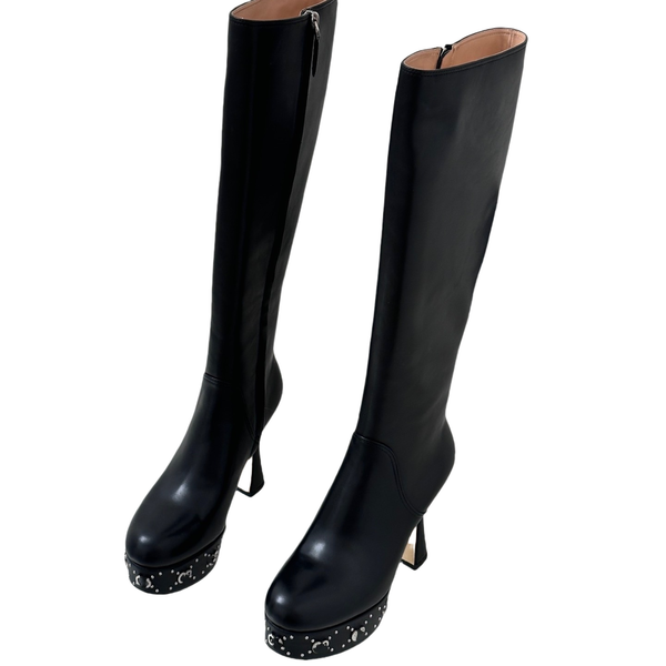 

Women boots Knee boots high heels boots Designer boots boots pointed thighs high boots letter stretched leather soles suitable for luxury boots Side zipper boots, Color1