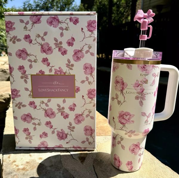 

US Stock 40oz Woth Bow Cap LOVE SHACK FANCY Cups Rose Blue Magnolia Lilac ral Stainless Steel Tumblers with Silicone Handle Lid Straw Mugs, Multi-color