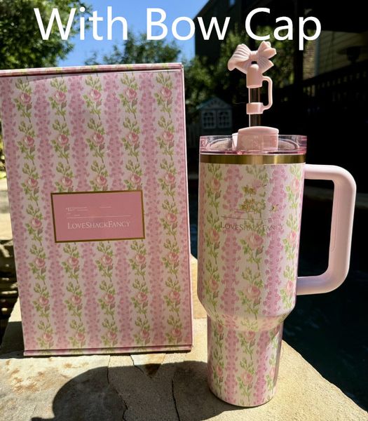 

US stock 0oz Blue Tumblers With Bow Cap Love Shack Fancy Stainless Steel Cups Magnolia Pink Rose Lilac 0 OZ Purple Stars Car Mug with handle Lid and straw, Multi-color