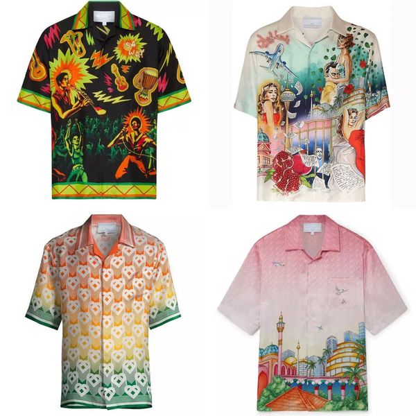 

24ss High Quality Men Designer Silk Casual Shirt tn New Luxury Vacation Style Graffiti Color Collision Patter Print Lapel Button Summer Hawaii Beach Silk Shirt Tops, Sage