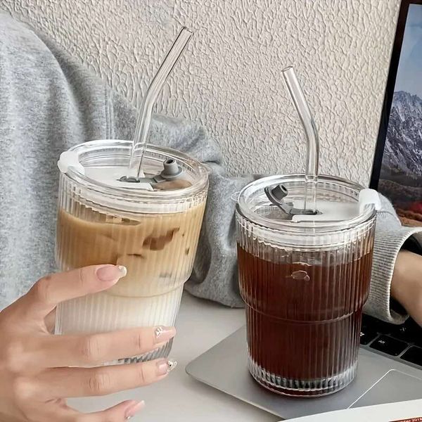 

1/2PCS 450ml Stripe Transparent Glasses with Lid and Straw Ice Coffee Mug Tea Juice Glass Milk Water Cup Drinkware, Camel