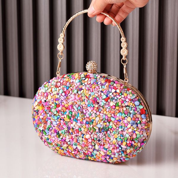 

Diamond set dinner bag Round diamond evening bag handle cheongsam bag foreign trade banquet bag, Gold