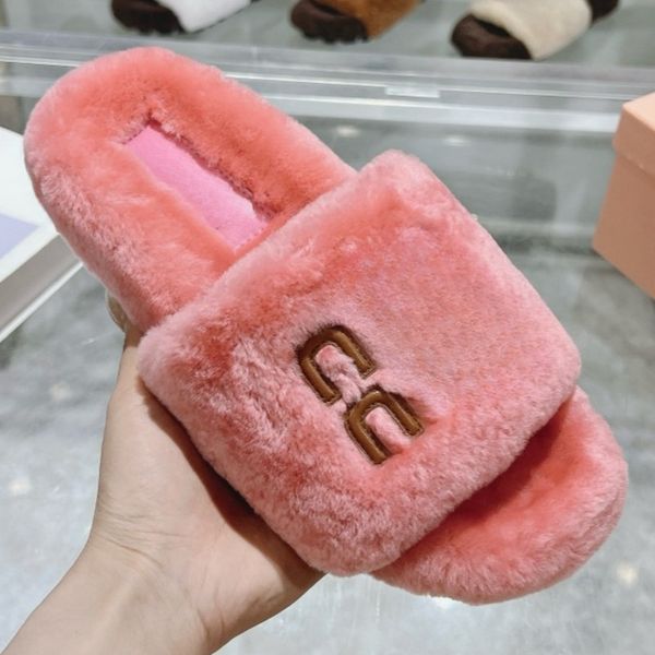 

Luxury slippers for women classic designer shoes long hair solid color letter fashion shoes winter warm comfortable house shoes new leather pearl bow casual shoes, Brown
