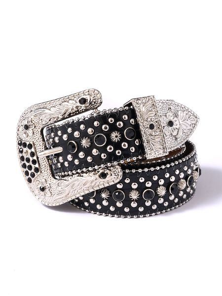 

cross border European and American dark carved buckle water diamond inlaid belt ins glitter punk hip-hop rivet decoration belt, Black