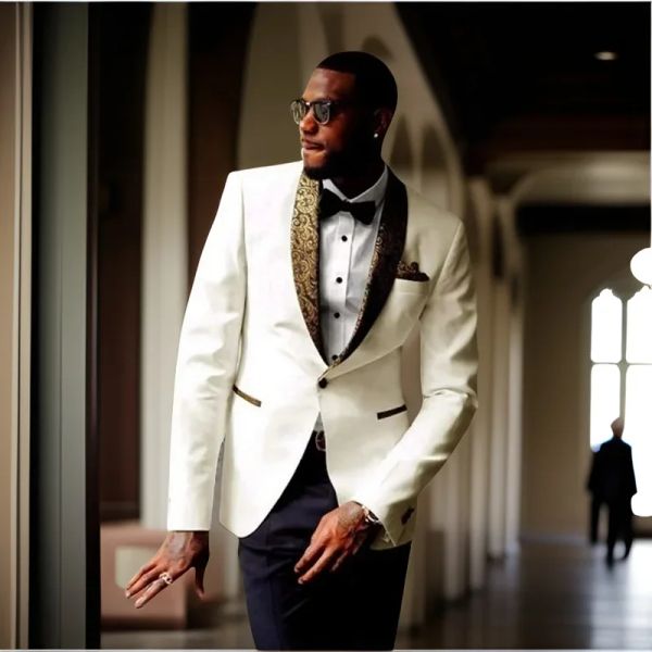 Groom Tuxedos For Groomsmen Slim Fit African Men's Wedding Suits Floral Lapel Best Man Prom Suit (Jacket+Pants) 2024
