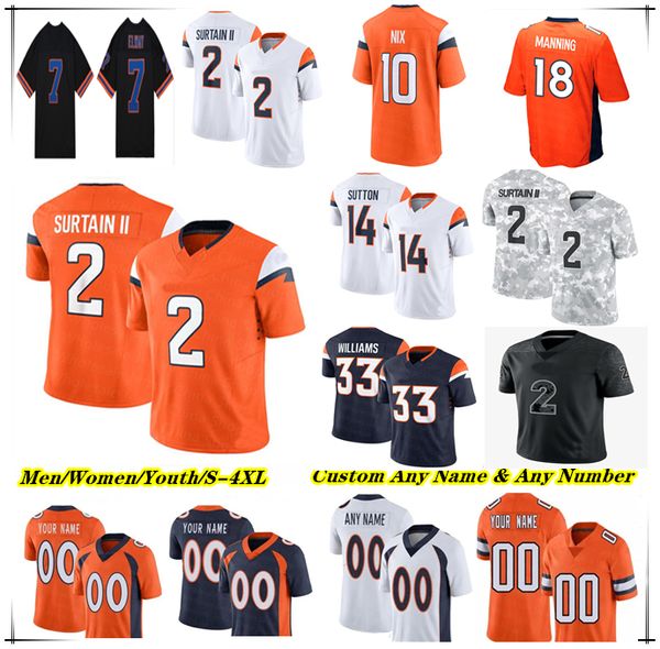 

American Football Jerseys Bo Nix Tyler Badie Javonte Williams Josh Reynolds Courtland Sutton Pat Surtain II Alex Singleton Brandon Jones Jonathon Cooper Manning, Men fuse navy style