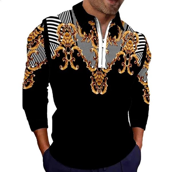 Men's Long Sleeve Polo Shirt with Gold Pattern