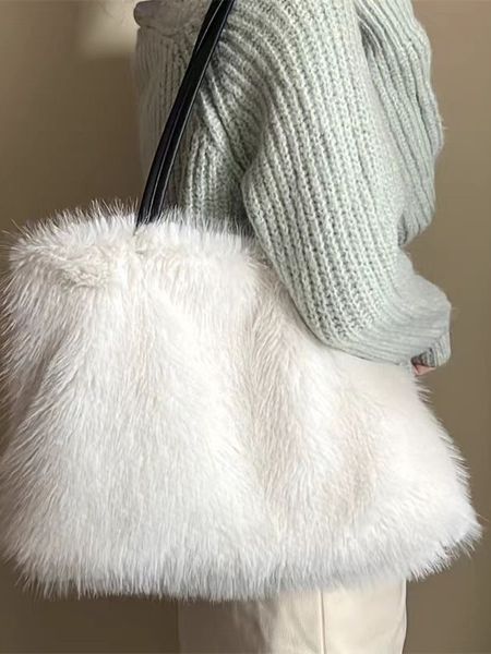 

Large capacity mink hair shoulder bag women 2024 new plush simple texture handbag advanced sense Tote bag, White