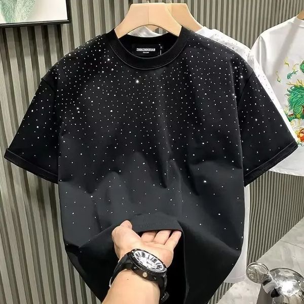 

Summer Rhinestone Rivet Mens T-Shirt Round Neck Casual T-Shirt Fashion Street Mens Summer Short Sleeve, White