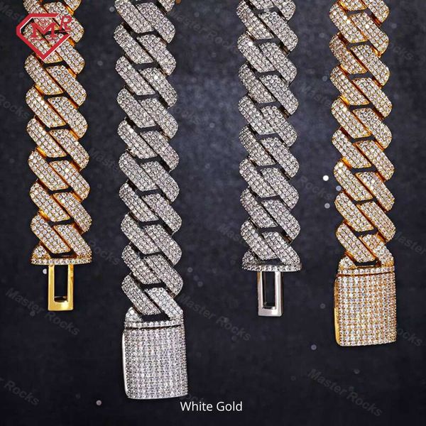

Hiphop White Gold Plated 18mm Sier Iced Out 3 Rows Moissanite Cuban Link Chain