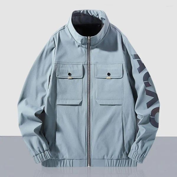 

Mens Jackets Men Jacket Solid Color Stand Collar Loose Coat Pockets Hip Hop Elastic Cuff Keep Long Sleeves Zipper Outwear Garment, Black