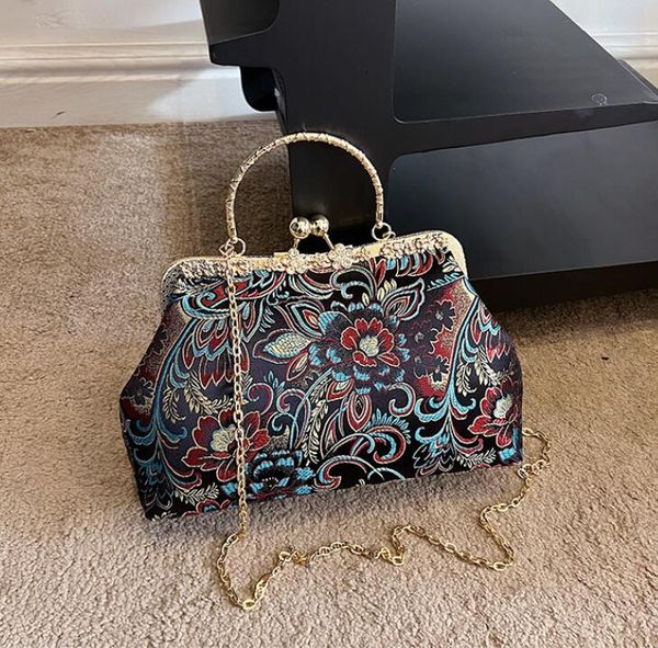 

Fashionable women shoulder bags 5 colors elegant atmosphere printed satin evening bag ethnic embroidery handbag Joker retro diamond handbags factory wholesale, Gold