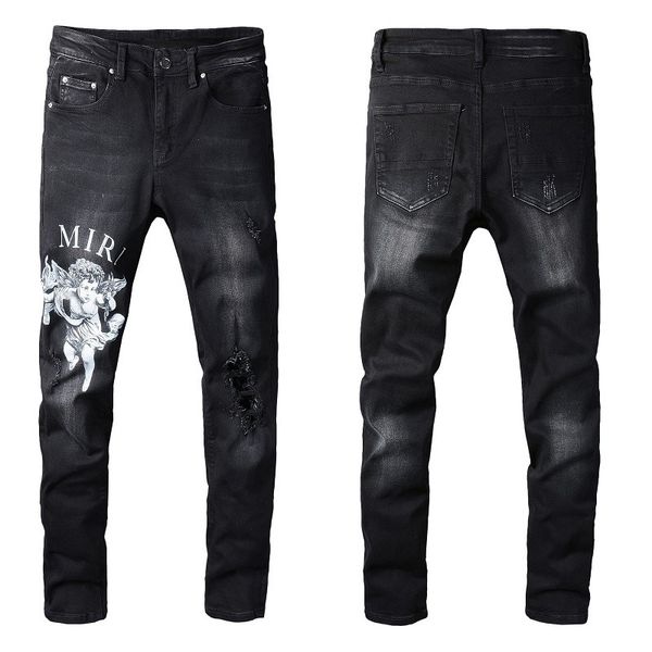 

Street Wear Youth Tight Pants Letter Pattern Denim Micro Stretch Cotton Black Skinny Jeans Man Amiryes Plus Size Usa
