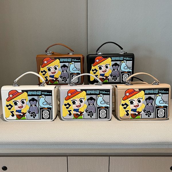 

Fashionable womens shoulder bags 5 color niche design cartoon patch women backpack high grade thick leather handbag fashion embroidery bag factory wholesale, Grey