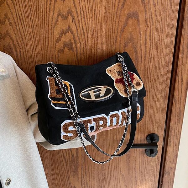 

sales shoulder bags 3 colors winter popular large capacity plush tote bag simple and versatile solid color leather backpack cute cartoon patch fashion handbag 3801#, Black