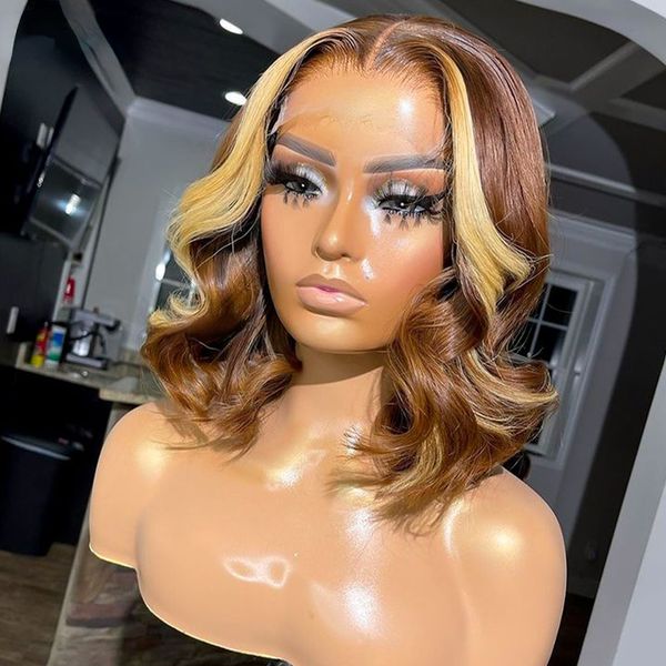 

Brazilian Brown with Blonde 13x4 Short Bob Body Wave Lace Frontal Wig Preplucked 180 Density Short Bob Simulation Human Hair Wigs For Women, Customize