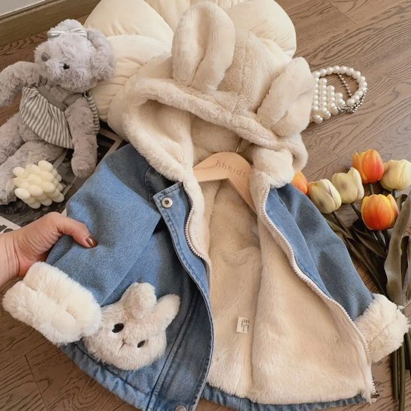 

Autumn Winter Thicken Warm Baby Girls Denim Jacket Cute Plush Rabbit Ears Hooded Coats for Girl Children Outerwear Clothing 28Y 240105, Niuzai