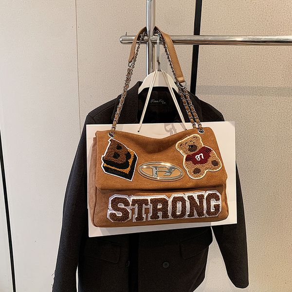 

Personality women bag 3 colors winter popular large capacity plush tote bag simple and versatile solid color leather backpack cute cartoon patch fashion handbag, Cream