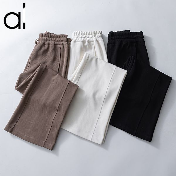 

AL New Yoga P Rib Soft Mid-rise P Loose Breathable Casual High Waist Drawstring Wide Leg Trousers Skin-friendly Air Layer Straight Leg P Muse, Black