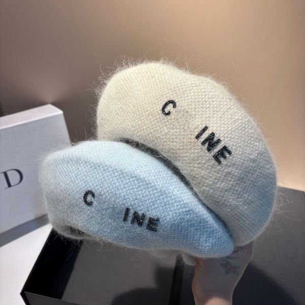 

Fashion versatile ladies beret luxury fashion designer beret winter new warm rabbit hair letters beret ladies designer hats trend leisure, Grey