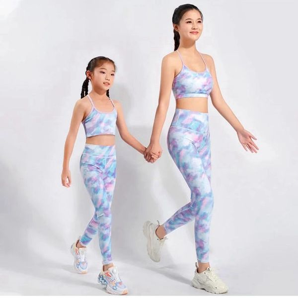 

LU-1887 Children's Yoga Outfit Mother-daughter Yoga Clothing Set Girls Quick-drying Sports Vest Fashion Printing Leggings, Pink