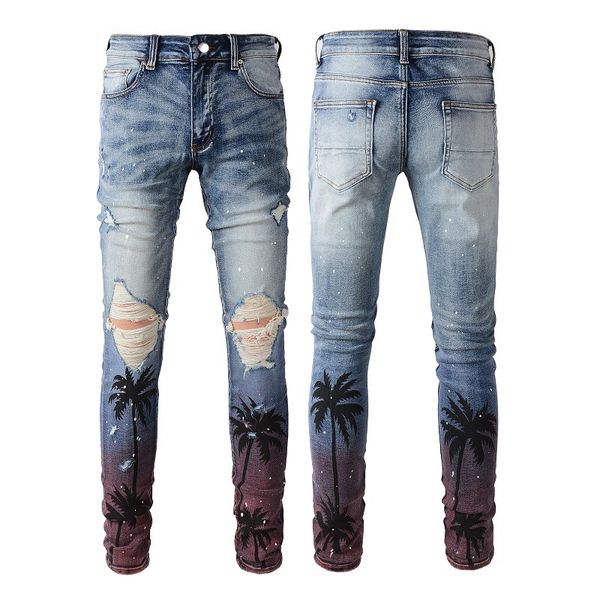 

Usa Man Elastic Slim Fit Digital Printing Coconut Pattern Spray Paint Hole Jeans Youth Amiryes Plus Size Black