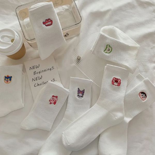 

japanese pure cotton socks, children's mid length ins trendy and versatile embroidered couple mid length sports cute socks, Multi