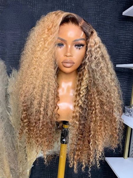 

13x4 Highlight Wig Human Hair Curly Honey Blonde Brown Colored Front For Women Deep Wave Lace Frontal Wigs Synthetic Preplucked, Customize