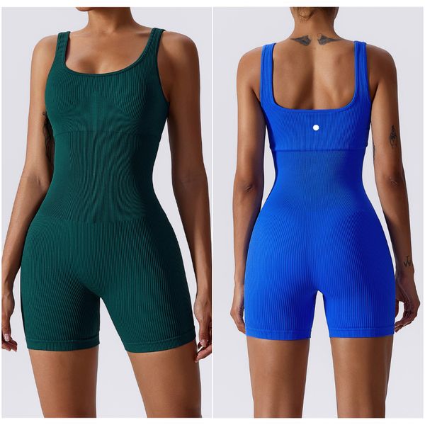 

LL-6982 Womens Jumpsuits Yoga Outfits Sleeveless Close-fitting Dance Sport Jumpsuit Shorts Breathable Leggings Screw Thread Material, Pink